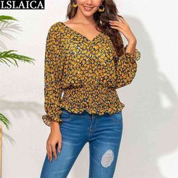 Women Shirts Blouses Fashion Floral Print Long Sleeve V Neck Female Tops Sexy Plus Size Autumn Casual Office Lady Blusas 210515