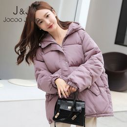 Jocoo Jolee Winter Cotton Padded Coat for Women Loose Parka Korean Harajuku Solid Short Jackets Casual Hooded Outwear 210518