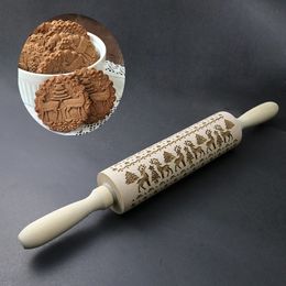 Christmas Wood Rolling Pin Baking Dough Roller Cookies Fondant Cake Biscuit Pastry Roll Reindeer Snowflake Patterned Embossing 210401