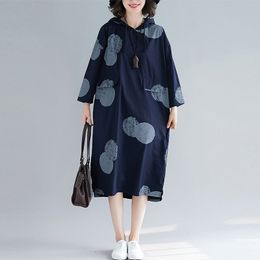 Oversized Women Loose Casual Dresses New Arrival Autumn Korean Vintage Style Polka Dots Female Hooded Long Dress S2673 210412