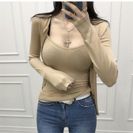 2021 Summer T Shirt Women Elasticity T-Shirt Woman Clothes Tops Slim Tshirt Female Womens Sexy Canale cardigan 2 two pieces set X0628