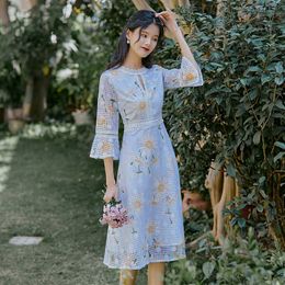 Women Flare Sleeve Floral Print Lace Midi Dress Female Party Spring Summer High Waist Hollow out Dresses Vestidos 210529