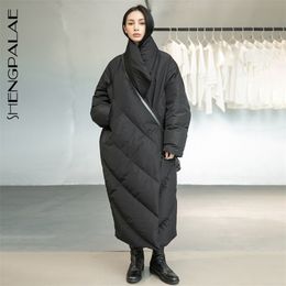 Simple Black Parkas Coat Women's Winter Thickened Mid Length Over Knee Large Size Cotton-padded Jacket 5A751 210427