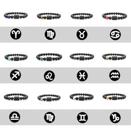 New 8mm Black Stone Beads Strands Zodiac Wristband 12 Constellation Couple Bracelet Men Women Bracelets Onyx Pulseras Masculina Hombre Mens Jewellery