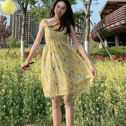 Women Chiffon Dress Summer Female Print Floral Vintage Elastic Spaghetti Strap Sleeveless Boho Beach Midi Sundress 210423