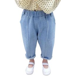 Pockets Baby Girls jeans Casual Style For Kids Toddler Solid Color Children's Clothes 210412