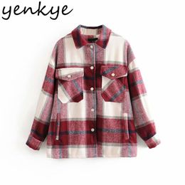 Autumn Women Vintage Oversize Plaid Jacket Outerwear Fashion Long Sleeve Lapel Collar Packets Casual Loose Coats 210514