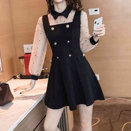 Korean Turn Down Collar Slim Women Dress Long Sleeve Patchwork es A Line Black Elegant Vintage shirt 822E 210420