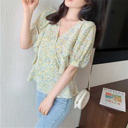 Women's Shirt Printing Floral Blouses for Women Short Sleeve Ruffles V-neck Oversize Trf Basic Blouse 210604