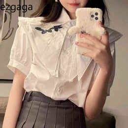 Ezgaga Elegant Shirts Women Embroidery Flower Turn-Down Collar Short Sleeve Loose All-Match Sweet Female Blouse Fashion Blusas 210430