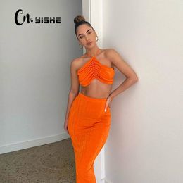 CNYISHE Summer Sexy Crop Top and Midi Skirts Matching Sets Halter Backless Two Piece Fashion Neon Tracksuit Sleeveless Women Set 210419