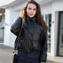 UPPIN Fashion Thick Winter Warm Short Parka PU Leather Coats High Collar Cotton Jackets Zipper Outerwear Female Ladies 211014