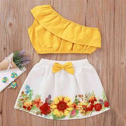 Summer Infant Rompers Clothes Sleeveless Slant Collar Yellow Tops Bow Floral Skirt Cute Girls 2 pcs Sets Baby Costume 6M-4T 210629