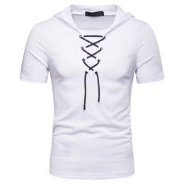 Summer Cotton T Shirt Men's Casual Shoelace Design Short Sleeves Trends Male Fitness Hip Hop Streetwear Tops Tees T-Shirts