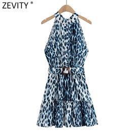 Women Vintage Sleeveless Leopard Print Hem Ruffle Halter Mini Dress Female Chic Back Bow Tie Sashes Summer Vestido DS8160 210416