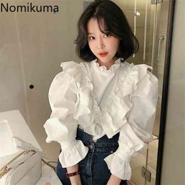 Nomikuma Ruffle Petchwork Women Blouses Lantern Long Sleeve Stand Neck Pullover Tops Korean Causal Elegant Blusas Shirts 6A719 210401