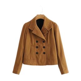 Women Spring Style Lapel Long-sleeved Double-breasted Short Jacket Coat Vintage Pure Colour Temperament Chic Female Tops 210507