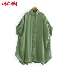 Women Retro Oversized Green Satin Chiffon Shirt Blouse Short Sleeve Chic Female Tops XN253 210416