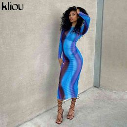 Kliou Striped Mesh Maxi Dress Women Hipster Y2K Sexy See Through Sheath Midnight Robe Aesthetic Long Sleeve Hot Party Clubwear Y1204