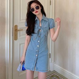 Summer Fashion Lapel Single-breasted short Sleeve Bow Denim Dress Women High Waist Slim A-line Jeans 210529