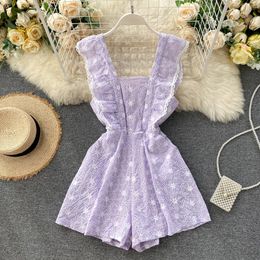 Women Floral Strap Rompers Retro Hollow Square Collar Sleeveless Wide Leg Short Rompers Casual Fashion Print Rompers 210419