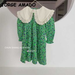 Korean Style Spring Kids Girls White Lace Big Turn-down Collar Green Floral Dress Princess Dresses Girl Clothes E201 210610