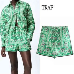 TRAF Women Shorts Za Green Print Loose High-Waisted Drawstring Casual Woman Vintage Elastic Waist Female Short Pants 210724