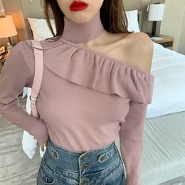 gkfnmt Women Pullovers Sweater New 2019 Sexy Off Shoulder Ruffled Long Sleeve Knitted Autumn Spring Fashion Elegant Ladies Tops X0721