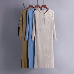 Autumn Long Straight Women Zippers side slits Dress Winter Thick Warm Pullover Knitted Dresses Hooded Sweater Pull Femme Lady 210420