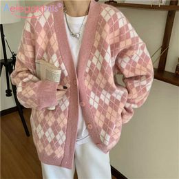 Aelegantmis Vintage Argyle Sweater Cardigan Women Pink Knitted Sweaters Vest Loose Casual Plaid Sleeveless Jumpers Female Kawaii 210607