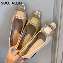 SUOJIALUN Women Spring Flats Bling Crystal Buckle Office Lady Weekends Shoes Shallow Slip On Loafers Flat Heel Ballet Shoes C0330