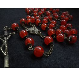Chapelet Collier Bijoux Croix Rouge Cristal Perles Antique Bronze Catholique Chrétien