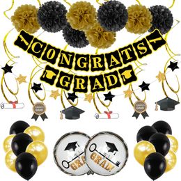 Party Supplies Graduation balloon pull flag Aluminium film latex combination with round paper flower ball balloons set