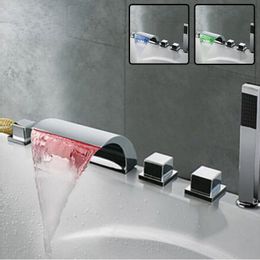 LED Waterfall Spout 5 pcs Mixer Taps Chrome Bathroom Shower Faucet with ABS Handshower