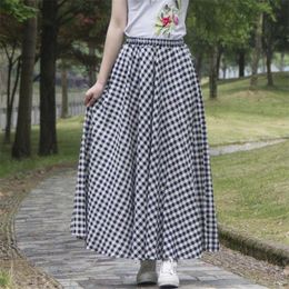 Skirts Cotton Linen Maxi Skirt Women Summer Elastic Waist Vintage Classic Black White Plaid Retro Long Girl Simple Casual