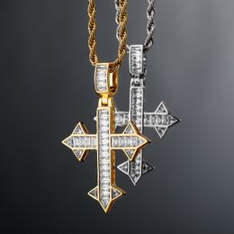 18K Gold Colour Plated Square Diamond Retro Cross Hip Hop Iced Out Pendant Necklace Fashion Jewellery