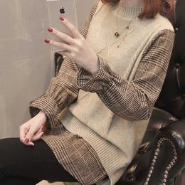 Sweater Casual Fake Two Piece Plaid Shirt Patchwork Fashion Long Sleeve Loose Pullover Female 210922