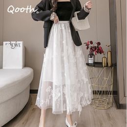 Qooth Summer Winter Butterfly Embroidery Trendy Women Skirts All-match Tulle Pleated Skirts Tutu Midi Skirts With Lining QT156 210518