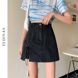 Yedinas Punk Style Black Blue Solid High Waist Pencil Mini Denim Skirts Korean Pocket Jeans Skirt Harajuku A-line Ladies Jupe 210527