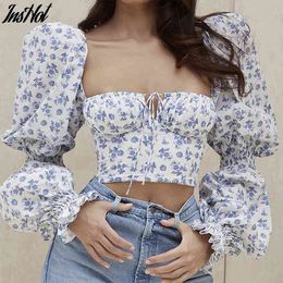 Floral Top Women White Sweet Square Neck Long Puff Sleeve Ruched Drawstring Crop Top Summer Woman Party Blouse 210514