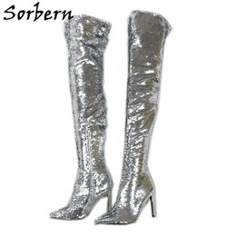 Sorbern Silver Blingbling Boots Women Over The Knee Pointed Toe High Heel Stilettos Sequins Crossdresser Guys Boot Custom