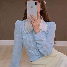 Shirt doll collar design sense niche short blue shirt women spring style foreign long-sleeved top Blouse 210529