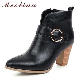 Meotina Winter Ankle Boots Women Buckle Thick High Heel Short Boots PU Leather Zipper Pointed Toe Shoes Ladies Fall Plus Size 210608