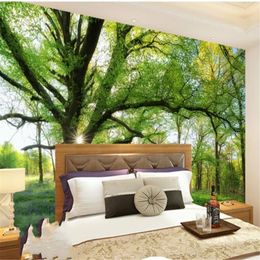 Fresh sunshine forest trees beautiful scenery wall custom large mural green wallpaper papel de parede para quarto