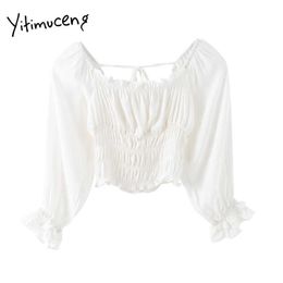 Yitimuceng White Blouse Women Bow Lace Up Folds Backless Shirts Long Sleeve Square Collar Solid Spring Summer Fashion 210601