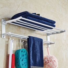 40/50/60cm Multifunction Aluminium Alloy Storage Rack With 5 Hooks For Bathroom Towel Sundires Holder Foldable Kitchen Shelves 210330