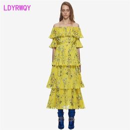 [LDYRWQY] Women's Yellow Print Off-Shoulder Long Pleated Dress Sheath Office Lady Polyester 210416