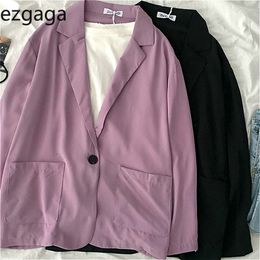 Ezgaga Blazer Women Purple Turn-Down Collar Long Sleeve Button Pockets Solid Loose Coat Female Thin Office Lady Elegant 210430