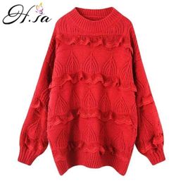 Knitted Sweater and Pullovers Lace Jumpers Ruffles Cute Girls Sweet Pink Knitwear Tops Long Sweaters 210430