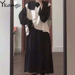 Vintage Girls 2 Pcs set White Sweater Vest Suits+Black Long Dress Korean Women suit Vestido loose long shirt dresses Streetwear 210412